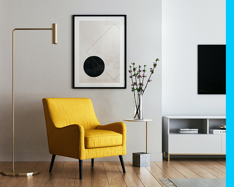 minimalist gray home interior, yellow chair