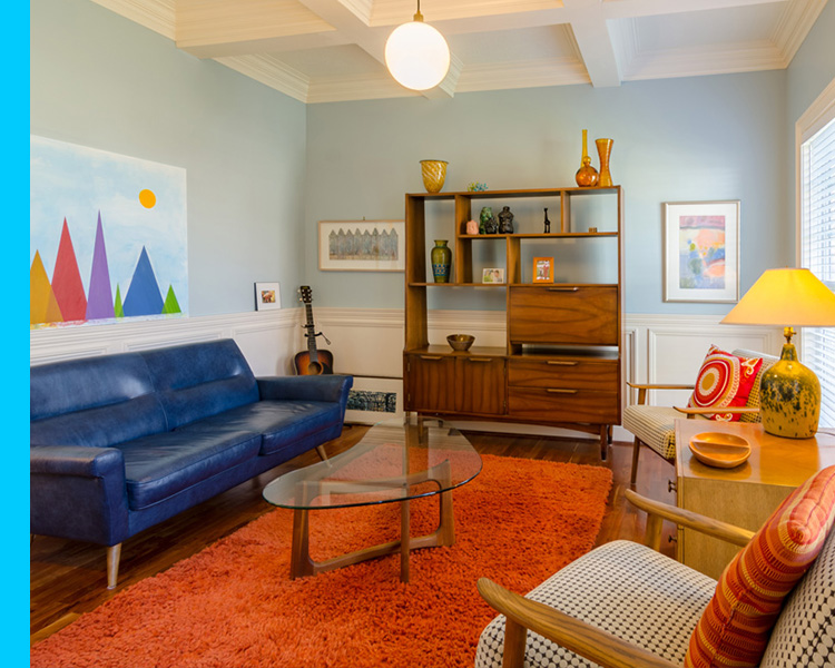 room interior, bright colors, light blue walls
